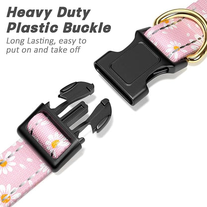 Reflective Dog Collar for Extra Small Dogs, Cute Daisy Theme Adjustable Heavy-Duty Nylon Puppy Collar for Boy and Girl Female, Soft Pet Accessories with Quick Release Buckle, Neck 8-12", Pink
