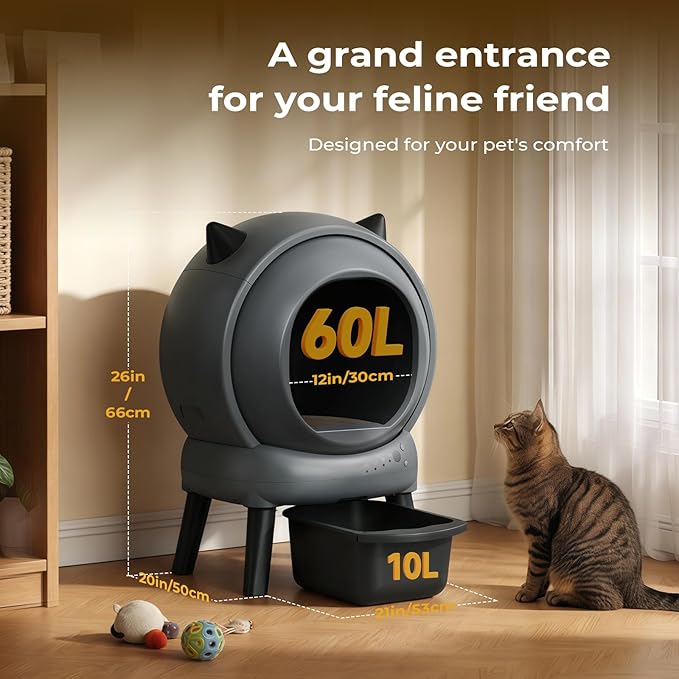 Self Cleaning Litter Box for Multiple Cats, E2 Automatic Cat Litter Box, Self-Cleaning Robot with Smart APP Control and Health Monitoring, Includes 2 Roll Trash Bag and Litter Mat, Grey