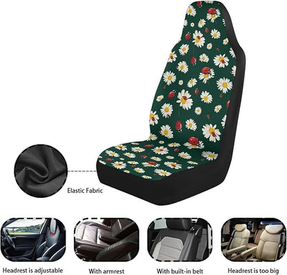 Cute Ladybug Car Seat Covers Front Seats Only for Women Daisy Front Seat Covers Universal Fit for Most Cars, Trucks, SUV, Van, Sedan, 2 Pcs Interior Auto Accessory, Green