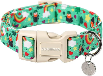 DOGWONG St. Patrick's Day Dog Collar, Lucky Clover Shamrock Green, Small, Soft Durable Adjustable Costume, Breakaway Closure