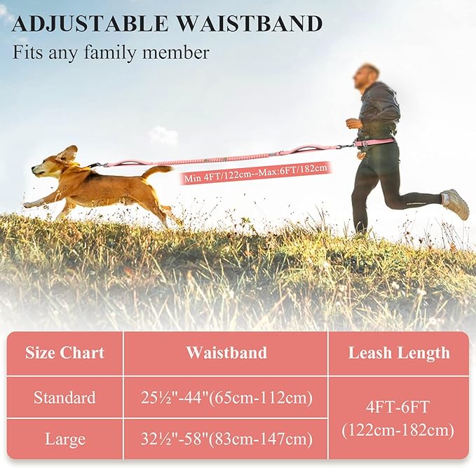 VIVAGLORY Hands Free Dog Leash Bungeeone Running Dog Leash with Waist Belt for Running Walking & Jogging, Bungee & Around Waist for Pet, S, Pink/Grey