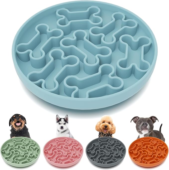 Silicone Slow Feeder Dog Bowl – Sky Blue Bone Pattern | Food-Grade Non-Slip Dog Dish for Anti-Bloat, Fast Eating Prevention, 7.5” x 1.5”, Dishwasher Safe