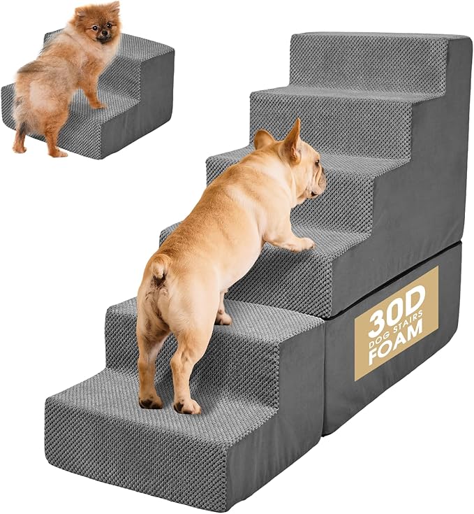 Dog Stairs for Bed 30''H Small Dogs, 6-Step Sturdy Foam Dog Steps for High Bed, Pet Stairs for Older Dogs/Cats/Puppy, Non-Slip Curved Pet Ramp Indoor, Removable Washable Cover, Grey
