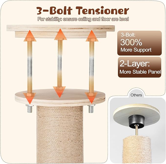 Tinnmao Solid Real Wood Floor to Ceiling Cat Tree, 6 Level Adjustable Height (89"-105"), Modern Climbing Tower with Thickened Wooden Sisal Scratching Posts & Cozy Bed for Indoor Cats Large Adult