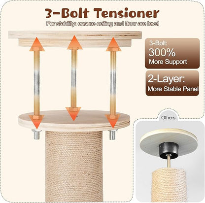 Tinnmao Solid Real Wood Floor to Ceiling Cat Tree, 6 Level Adjustable Height (89"-105"), Modern Climbing Tower with Thickened Wooden Sisal Scratching Posts & Cozy Bed for Indoor Cats Large Adult