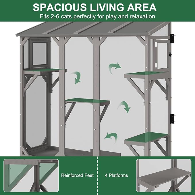 Cat Catio, Expandable Window Box Enclosure for Multiple Indoor Cats, Comfortable Wooden Small Pet Perch House, All-Weather Use, Keep Bugs Insects Out, with 4 Platforms and 3 Doors