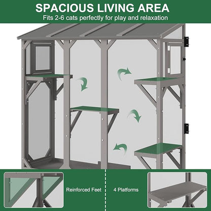 Cat Catio, Expandable Window Box Enclosure for Multiple Indoor Cats, Comfortable Wooden Small Pet Perch House, All-Weather Use, Keep Bugs Insects Out, with 4 Platforms and 3 Doors