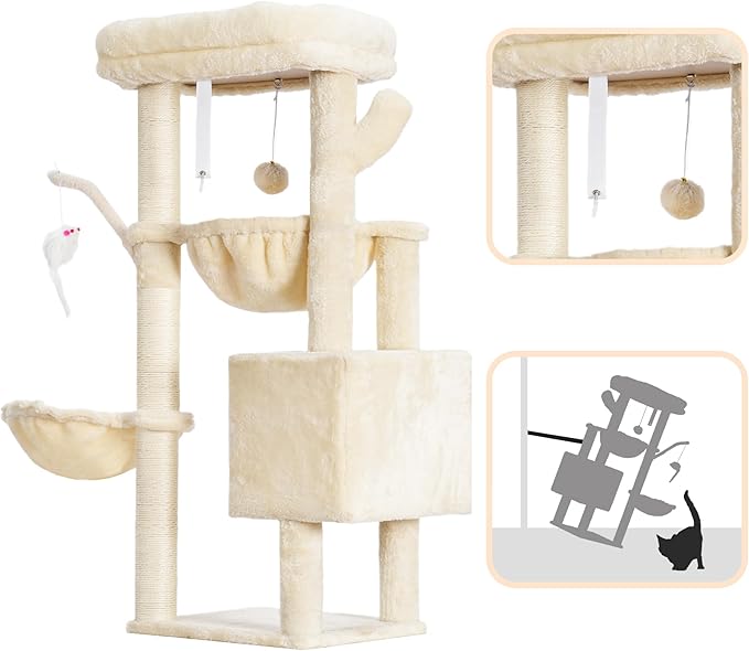 Heybly Cat Tree, 39.4 Inches Tower Condo with Scratching Post, Cat Tower for Indoor Cats, Fully Wrapped Sisal Pole, Soft Platform, 2 Baskets and Dangling Toy, Beige HCT006SM