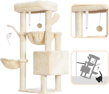 Heybly Cat Tree, 39.4 Inches Tower Condo with Scratching Post, Cat Tower for Indoor Cats, Fully Wrapped Sisal Pole, Soft Platform, 2 Baskets and Dangling Toy, Beige HCT006SM