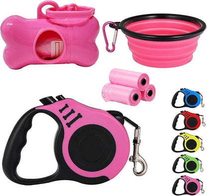 Heavy Duty Retractable Leash for Small Dog or Cat, 360 Tangle-Free Nylon Tape, Anti-Slip Handle, with Waste Bag Dispenser (10FT Pink)