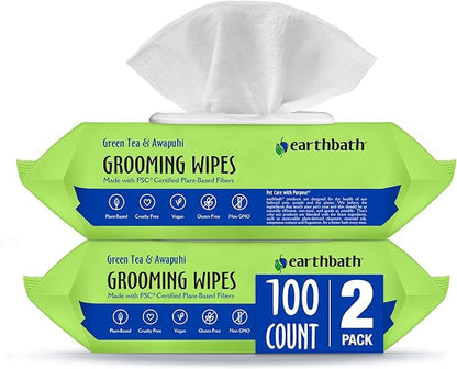 earthbath, Green Tea & Awapuhi Grooming Wipes - Dog Wipes for Paws and Butt, Best Pet Wipes for Dogs & Cats, Made in USA, Cruelty-Free Dog Cleaning Wipes, Removes Dirt & Dander - 100 Count (2 Pack)
