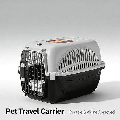 Airline Approved Dog Carrier, Hard-Sided Cat Carrier with Detachable Food Bowl, Portable Dog Crate for Small Dogs and Cats, Ideal for Travel, Car, and Outdoor Use (Grey)