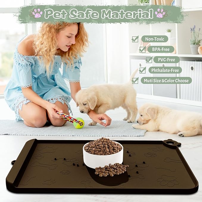 Dog Food Mat, Silicone Pet Feeding Mat With Residue Collection Pocket - Waterproof Bowl Mat for Cats and Dogs, Raised Edges, Hooks, Placemats for Food and Water