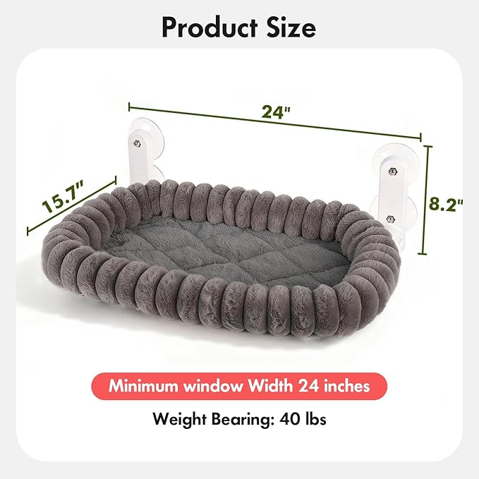 Cat Window Perch with Bolster, Cordless Foldable Cat Window Hammock with Strong Suction Cups & Metal Frame, Machine Washable Pet Bed for Indoor Cats (Gray, Medium)