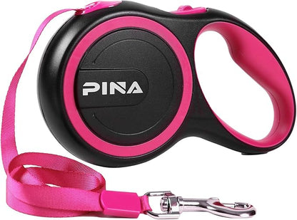PINA Retractable Dog Leash, 16ft Dog Leash for Small Medium Dogs Up to 44lbs, 360° Tangle-Free Strong Reflective Nylon Tape, with Anti-Slip Handle, One-Handed Brake, Lock - Black Pink