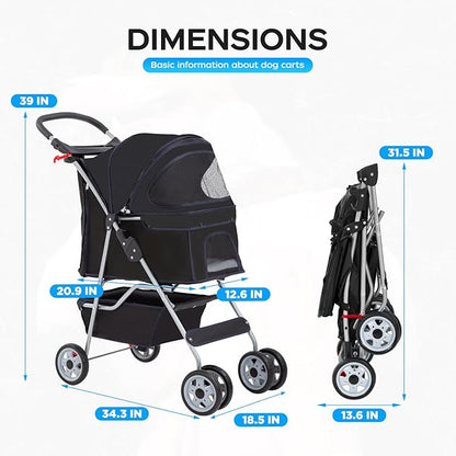 BestOffice Pet Stroller for Small Medium Dogs & Cats, 4-Wheel Foldable Dog Stroller with Cup Holder, Lightweight Travel Carrier, Waterproof Design for Outdoor Walks, Black