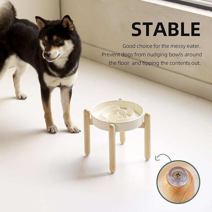 Ceramic 1.6 Cup Raised Slow Feeder Dog Bowl Set, Elevated Wooden Stand for Medium and Large Dog, 8.2inch Puzzle Slow Dish, Anti-Gulping(Light Yellow, Single Bowl+ Stand)