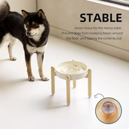 Ceramic 1.6 Cup Raised Slow Feeder Dog Bowl Set, Elevated Wooden Stand for Medium and Large Dog, 8.2inch Puzzle Slow Dish, Anti-Gulping(Light Yellow, Single Bowl+ Stand)