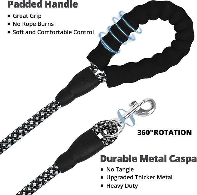 jenico Long Dog Leash 15FT: Heavy Duty Rope Leashes for Dogs Training with Swivel Lockable Hook Reflective Threads Bungee and Padded Handle - Dog Lead for Large Small Medium Dogs