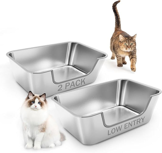 2 Pack Stainless Steel Cat Litter Box with Low Entry,Litter Pan for Big Kitty and Multiple Cats,Easy to Clean,Non-Stick,Odor-Free,Suitable for Kittens,Senior Cats and Injured Pets,23.6"x15.7"x5.9"