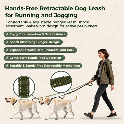 Detachable Heavy Duty Tactical Dog Leash, 9.7FT Hand-Free Bungee Shock Absorption Leash with Padded Handle Quick Release Metal Clip Car Seatbelt No Pull Training Lead for Large Medium Dogs (Green)