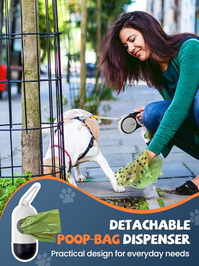 Retractable Dog Leash with LED Flashlight, Douexio Upgrade 3 in 1 Dog Leash Retractable for Small Medium Dogs Up to 66 lbs, Anti-Slip Handle (White)