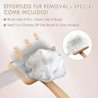 Large Long Pin Slicker Brush for Shedding – 3PC Grooming Kit with Dematting Comb & Comb for Long-Haired Dogs & Cats, Doodles, Poodles, Goldendoodle & Double Coats, Wooden Handle, Natural