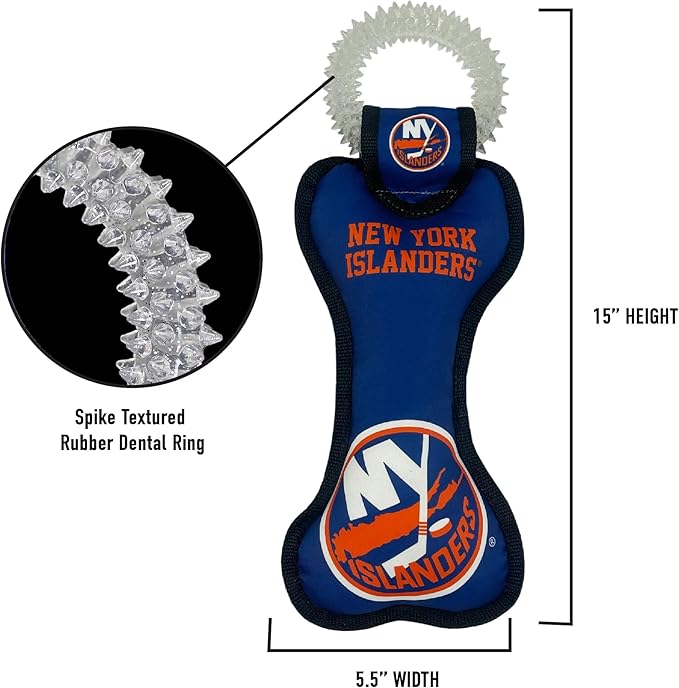 Pets First NHL New York Islanders Bone Shaped Dental Dog TUG Toy with Squeaker. Tough PET Toy for Healthy Fun, Teething, and Cleaning pet's Teeth and Gum.