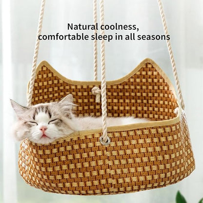 Breathable Pet Cage Hammock with Metal Hooks, Rattan and Bamboo Woven Cat Hammock for Kittens, Rabbits, Small Dogs, Cat Hanging Bed for Cage (Green)