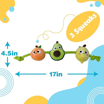 Plush Fruit Dog Rope Toy with 3 Squeakers, Plush Orange Lemon Avocado Design