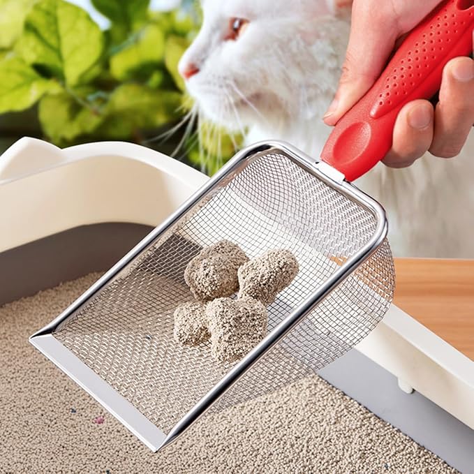 Cat Litter Scoop,Sturdy Litter Cleaner Corner Shovel,Stainless Steel Mesh Litter Shovel,Easy to Clean Reptile Terrarium Sand Waste,Beach Shovel(Red)