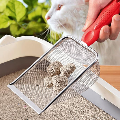 Cat Litter Scoop,Sturdy Litter Cleaner Corner Shovel,Stainless Steel Mesh Litter Shovel,Easy to Clean Reptile Terrarium Sand Waste,Beach Shovel(Red)