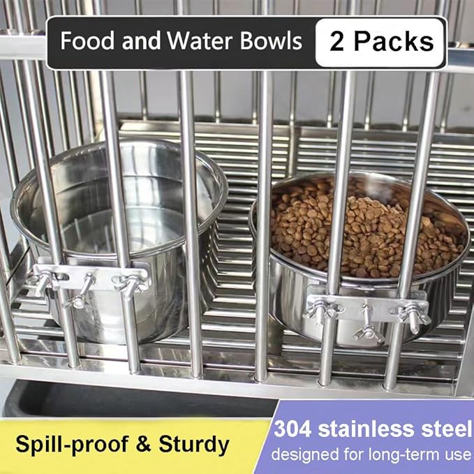 Dog Crate Water Bowl No Spill, 2 Pack Stainless Steel Large Dog Bowls, Hanging Dogs Kennel Water and Food Bowls for Crate Cage，Metal Feeder Dish Coop Cup for Medium Large Dogs Pets