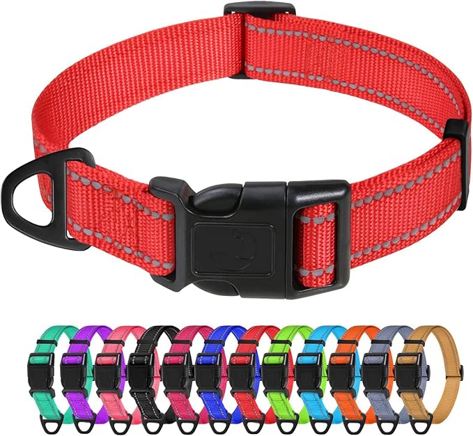 TagME Reflective Nylon Dog Collars, Adjustable Classic Pet Collar with Quick Release Buckle for Medium Dogs, Red, 1.0" Width