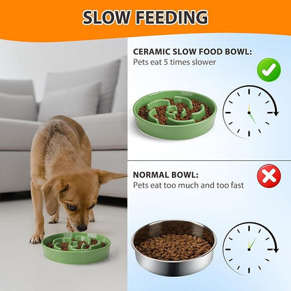 Slow Feeder Dog Bowl, Ceramic 8.3 inch Dog Food Bowls for Small, Medium, and Large Breed, Anti-Slip Maze Puzzle Food Dish to Slow Down Eating (Green, 8.3 inch)