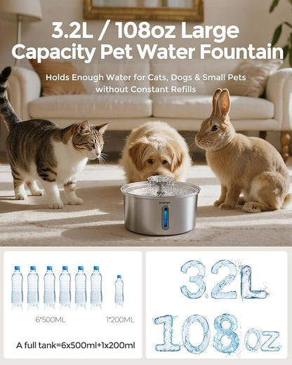 Cat Water Fountain Stainless Steel 3.2L/108oz, Invengo Automatic Pet Fountain for Cats & Dogs, Ultra Quiet <25 dB Pump, Includes 6 Replacement Filters & Sponges, LED Water Level Window, Easy to Clean