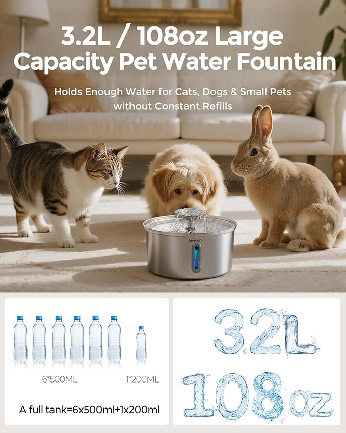 Cat Water Fountain Stainless Steel 3.2L/108oz, Automatic Pet Fountain for Cats & Dogs, Ultra Quiet <25 dB Pump, LED Water Level Window, Easy to Clean