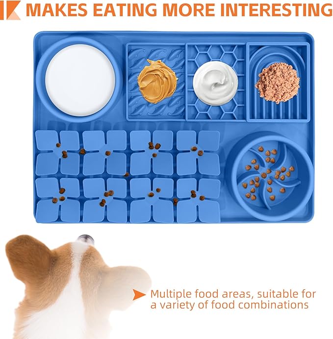 Lick Mat for Dogs Includes Brush and Scraper, Snuffle Mat Silicone Anti-chocking Pet Dish, Non-Slip Dog Licking Bowl Interactive Entertainment Puzzle Toy Blue