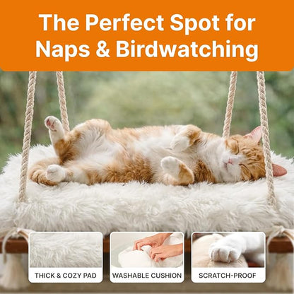 Cat Hammock with Industrial-Grade Suction Cups - Solid Pine Wood Seat, Soft Cushion - 42 lb Capacity