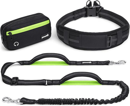 Hands Free Dog Leash, Running Waist Belt with Pouch Removable & Multifunctional| Shock Absorbing Bungee| Thickened Lumbar pad & Comfortable Dual Handles|Dog Walking, Training for 11-33lbs Puppy