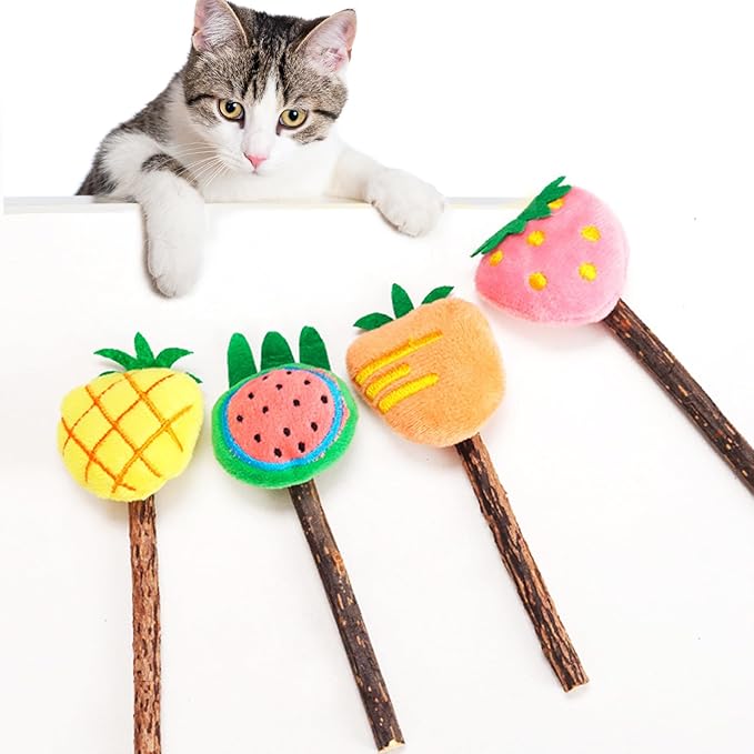 Cat Chew Toys 4 Pack, Silvervine Sticks and Organic Catnip Toys for Indoor Cats, Kitten Teething Chew Stick Toys, Dental Chew Toys for Cats, Interactive Cat Kicker Toys for Kittens and Adults