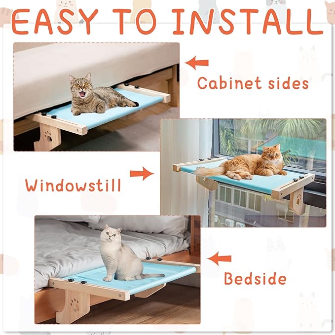 Pinkunn 2 Set Cat Window Sill Perch Adjustable Wood Small Cat Window Hammock Window Seat Cat Bed Windowsill Cat Shelf Indoor Kitty Cat Window Ledge Seat for Bedside Cabinet, Heavy Duty 33 Lbs (Blue)