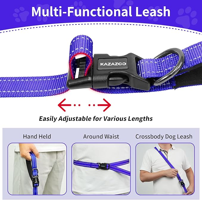 Kazazoo Hands-Free Dog Leash with Adjustable Length 6-9FT + Dual Padded Handles Reflective Safety for Walking, Jogging & Training | Suitable for Medium to Large Dogs & Puppies Blue-L