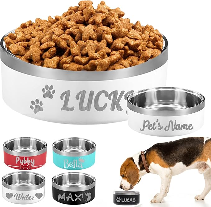 Personalized Dog Bowl Custom Dog Bowls with Name Customized Laser Engraved Stainless Steel Pet Dishes for Large Small Dogs Cat 18/32/42/64oz Feeding Supplies-White 18oz