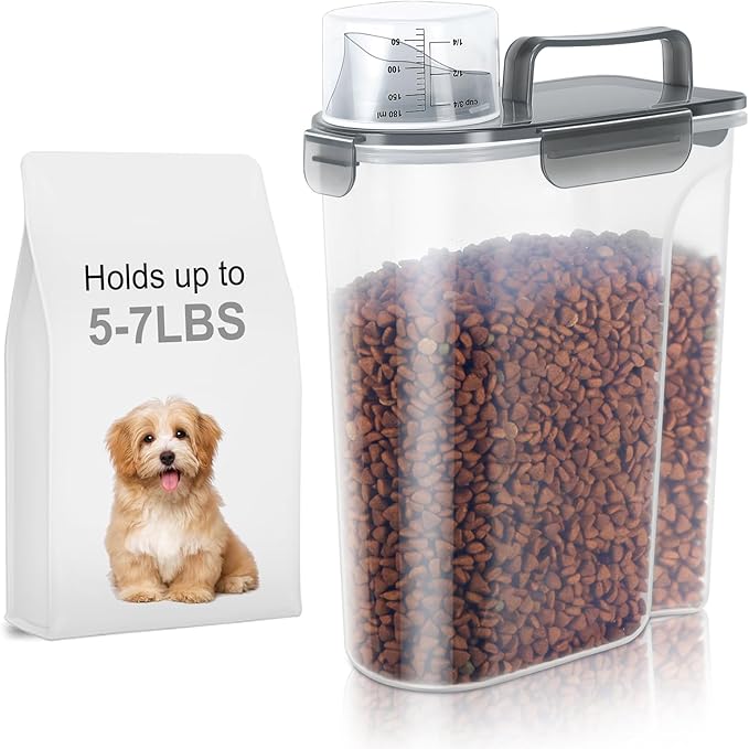 5-7Lbs Dog Cat Food Storage Container with Upgraded Large Nozzle BPA-free, 4 Snap Seals Plastic Pet Food Storage Containers with Handles (Clear Black, 5L-1pack)