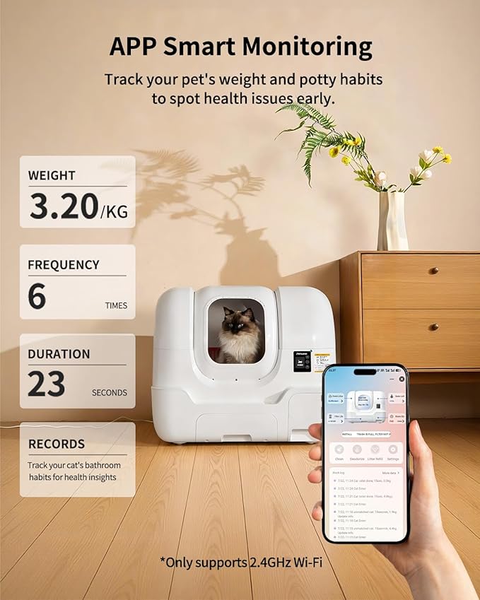 Automatic Cat Litter Box Self-Cleaning, Auto Sand Refilling, Auto Packing & Sealing, Auto Bag Replacement, One-Click Cleaning, Deodorization, APP Control, Radar Weight TOF Safety Sensors for Cats