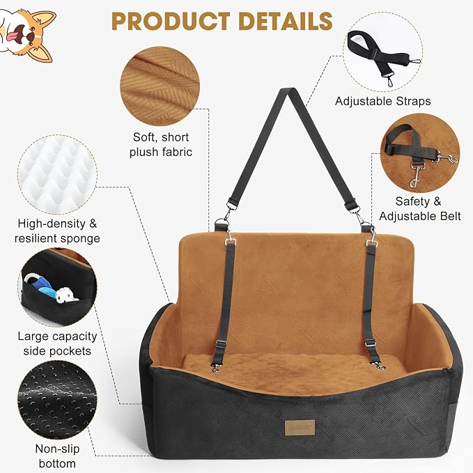 Dog Car Seat for Large Medium Sized Dogs Under 55 lbs, Dog Booster Seat for 2 Small Dogs with Detachable Washable Cover and Cushion, Memory Foam Pet Car Seat with 2 Safety Belts and Storage Pockets