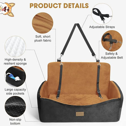 Dog Car Seat for Large Medium Sized Dogs Under 55 lbs, Dog Booster Seat for 2 Small Dogs with Detachable Washable Cover and Cushion, Memory Foam Pet Car Seat with 2 Safety Belts and Storage Pockets