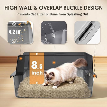 Stainless Steel Litter Box with Lid: Metal Cat Litter Box for Small Cats with Scoop, High Sided Kitty Litter Pan Tray, 17.4'' x 13.5'' x 8.5'', Non-Stick, Anti-Leakage, Easy Cleaning (Dark Gray)