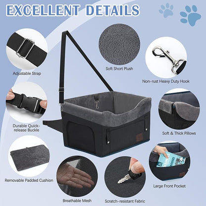 PetsHome Dog Car Seat for Small Dogs, Detachable Washable Dog Booster Car Seat with Storage Pocket, Breathable Mesh, Safety Leash, 2 Count Adjustable Straps for Small Pets Up to 25lbs-Black